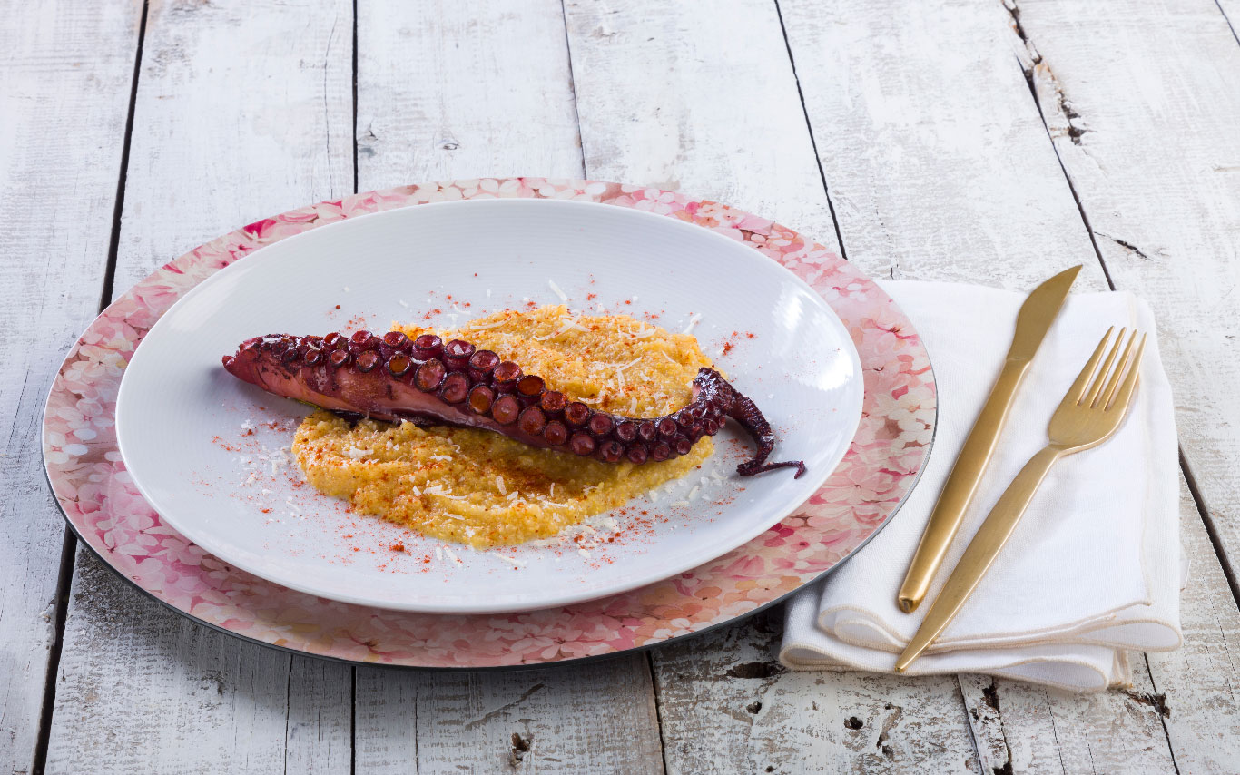 foto receta de pulpo a la plancha con polenta pescanova fish solutions