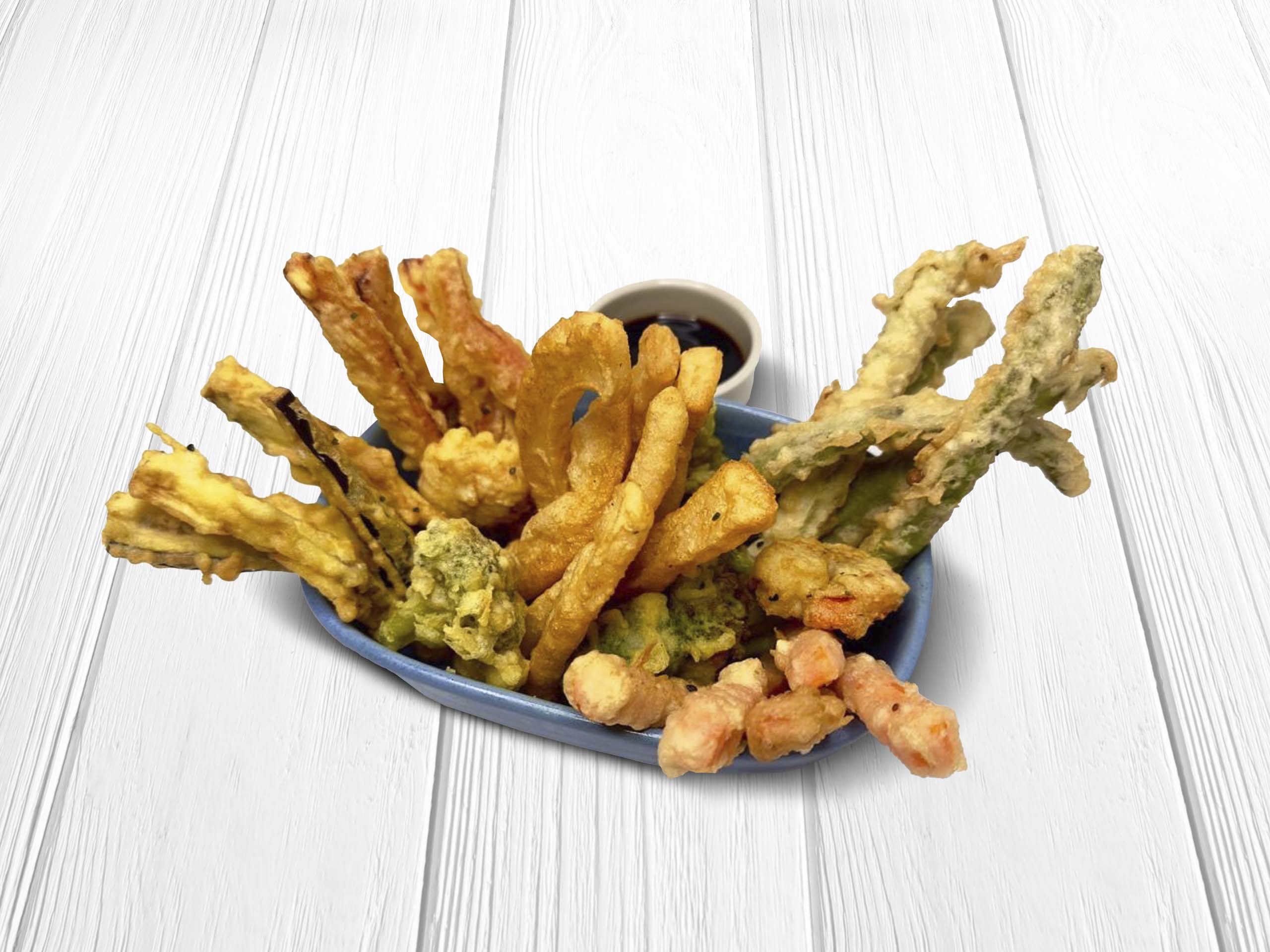 Foto receta tiras del mar con vegetales en tempura con salsa ponzu